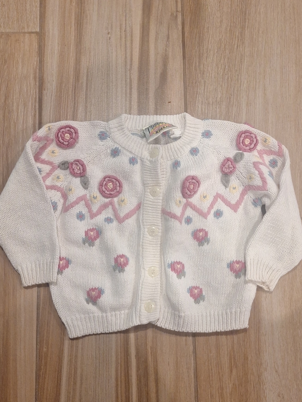 VTG Threads Clothing For Kids Crochet Floral Knit Cardigan Jacket White/Pink 2T